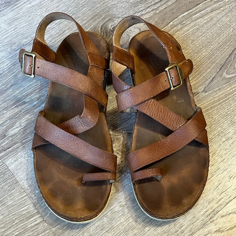 Chaco Wayfarer Leather Sandals Womens 10 Toffee Brown Strappy Toe Loop JCH107964